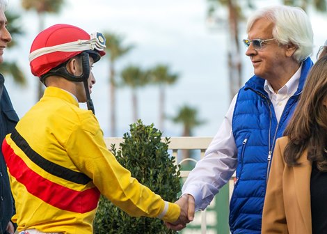 Trainer Bob Baffert, right, celebrates with jockey Kyle Frey, left, after Wynstock&#39;s victory in the Grade II, $200,000 Los Alamitos Futurity, Saturday, December 16, 2023 at Los Alamitos Race Course, Cypress CA.<br>
&#169; BENOIT PHOTO