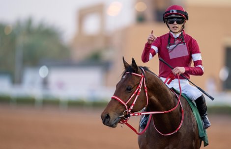 Forever Young (Ryusei Sakai)after winning the Saudi Derby<br>
King Abdulaziz racecourse, Riyadh 24.2.24<br>
Pic: Edward Whitaker