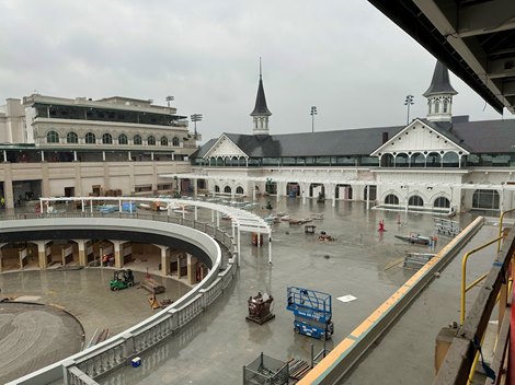 Despite rain Feb. 22 in Louisville, construction work continued on the new paddock at Churchill Downs.