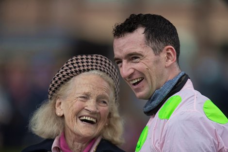 Patrick Mullins with grandmother Maureen after winning the Grade 1 Morgiana Hurdle for a second time. Punchestown Racecourse. Photo: Patrick McCann/Racing Post 14.11.2021