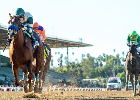 Kinza and jockey Juan Hernandez win the Grade III, $100,000 Las Virgenes Stakes, Saturday, February 10, 2024 at Santa Anita Park, Arcadia CA.<br>
© BENOIT PHOTO Kinza and jockey Juan Hernandez win the Grade III, $100,000 Las Virgenes Stakes, Saturday, February 10, 2024 at Santa Anita Park, Arcadia CA.<br>
© BENOIT PHOTO