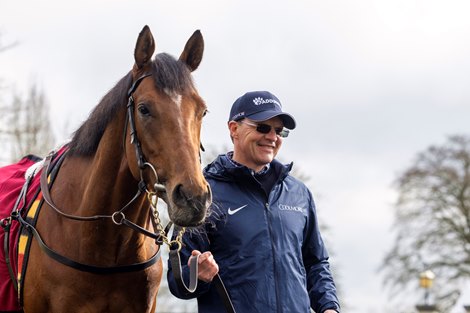 Aidan O’Brien with City Of Troy.<br>
Ballydoyle.<br>
Photo: Patrick McCann/Racing Post<br>
20.03.2024