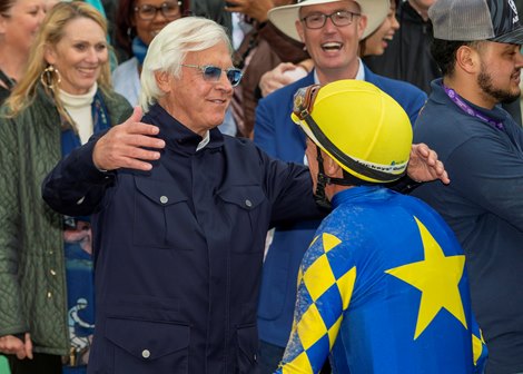Newgate and jockey Lanfranco Dettori win the Grade I $400,000 Santa Anita Handicap Sunday, March 3, 2024 at Santa Anita Park, Arcadia, CA, giving trainer Bob Baffert, left,  his third stakes win on the day.<br>
Benoit Photo