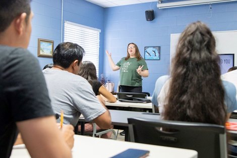 Dailey Menendez, Louisville, teaches English to her class at the Backside Learning Center on May 26, 2023.