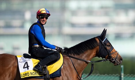 Lord North and Frankie Dettori walk back to the quarantine barns after exercising on the tapeta training track at Meydan on Wednesday morning<br>
Dubai 27.3.24 Pic: Edward Whitaker