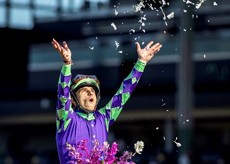 Jockey Antonio Fresu celebrates aboard Stronghold after their victory in the Grade I, $750,000 Santa Anita Derby, Saturday, April 6, 2024 at Santa Anita Park, Arcadia CA.<br><br />
&#169; BENOIT PHOTO