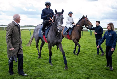 Karl Burke speaks to Danny Tudhope after Fallen Angel had completed her racecourse gallop<br>
Newmarket 17.4.24 Pic: Edward Whitaker
