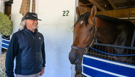 Brook Smith, a co-owner of Sierra Leone, with the 3-year-old at the Chad Brown barn and at the Backside Learning Center with Sherry Stanley. Morning training at Churchill Downs on April 23, 2024. .