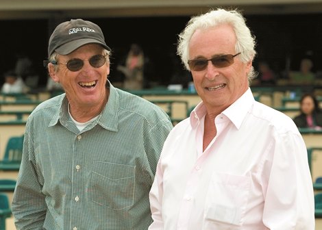 Co-owner Martin Wygod, right, wait's for the return of After Market and jockey Alex Solis, with trainer John Shirreffs, left, following After Market's victory in the Grade III, $100,000 Inglewood Handicap, Saturday, April 28, 2007 at Hollywood Park, Inglewood CA.<br>
©BENOIT PHOTO