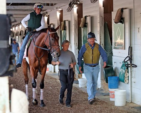 Just F Y I with Junior Alvarado and Trainer Bill Mott walking the shed row at Churchill Downs on April 28, 2024. Photo By: Chad B. Harmon