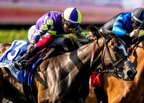 C R K Stable’s Medoro (jockey Antonio Fresu aboard), outside, remains undefeated after nosing out Shiloh’s Mistress (Umberto Rispoli up, inside) to score her fourth-straight win which came in the Grade III $100,000  Providencia Stakes  Saturday, April 20, 2024 at Santa Anita Park, Arcadia, CA.  The 3-year-old daughter of Honor Code is trained by Peter Eurton.<br><br />
Benoit Photo