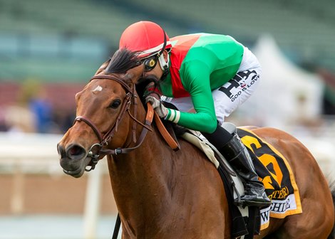 Team Valor International&#39;s Nadette and jockey Hector I. Berrios win the G3T $100,000 Wilshire Stakes Thursday, April 4, 2024 at Santa Anita Park, Arcadia, CA. Benoit Photo