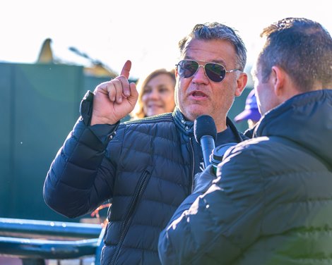 (L-R) John Stewart and Scott Hazelton talking about <br><br />
Goodnight Olive as she paraded at Keeneland in Lexington, KY. on April 6, 2024