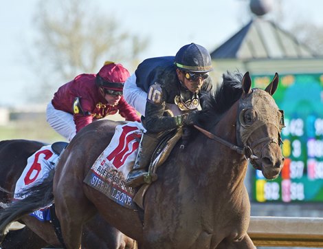 April 6, 2024: Sierra Leone, Tyler Gaffalione up, wins the Gr.1 Bluegrass Stakes at Keeneland.<br><br />
Just A Touch was second