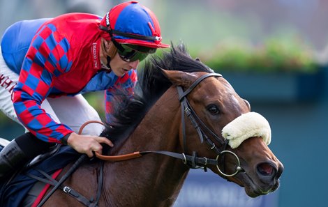 Big Evs (Tom Marquand) wins the Westow Stakes<br>
York 16.5.24 Pic: Edward Whitaker