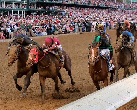 Mystik Dan with Brian Hernandez, Jr. wins the Kentucky Derby presented by Woodford Reserve (G1) for trainer Ken McPeek at Churchill Downs in Louisville, Ky on May 4, 2024. #2 Sierra Leone, outside, lost by a nose in second place, while #11 Forever Young, middle, in third place.<br>
Photo by Chad B. Harmon