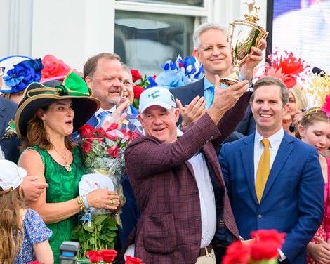 (L-R): Kenny McPeek, Bobbie Jo Harris, Lance Gasaway, Gov. Andy Beshear.<br>
Mystik Dan with Brian Hernandez, Jr. wins the Kentucky Derby (G1) at Churchill Downs in Louisville, Ky., on May 4, 2024