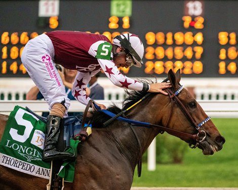 Thorpedo Anna with Brian Hernandez, Jr. wins the Longines Kentucky Oaks (G1) at Churchill Downs in Louisville, Ky on May 3, 2024. Photo by Skip Dickstein