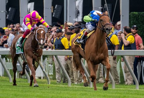 She Feels Pretty with jockey John Velazquez pulled away from the field to win the 52nd running of The Hilltop Stakes presented by Hallway Feeds &amp; Thoroughbred Aftercare Alliance Friday May 17, 2024 at Pimlico Race Course in Baltimore, MD.    Photo by Skip Dickstein