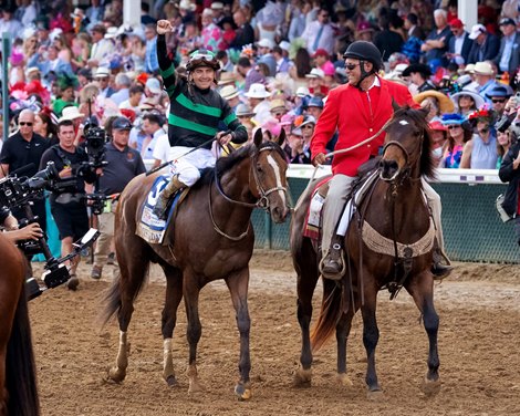 Hernandez celebrates in front of the 156,710 crowd.<br>
Mystik Dan with Brian Hernandez, Jr. wins the Kentucky Derby presented by Woodford Reserve (G1) for trainer Ken McPeek at Churchill Downs in Louisville, Ky on May 4, 2024. #2 Sierra Leone, outside, lost by a nose in second place, while #11 Forever Young, middle, in third place.<br>
Photo by Skip Dickstein