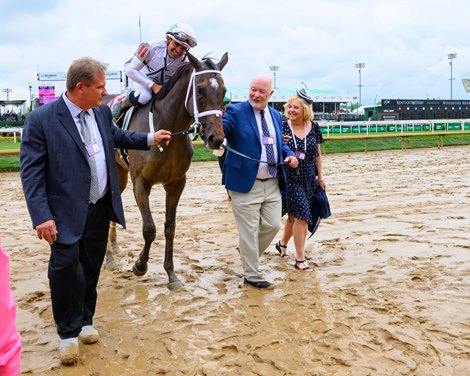 (L-R): Trainer Mike Maker with Mr. and Mrs. William J. Butler walk in to winners circle.</p>

<p>My Mane Squeeze with Luis Saez wins the Eight Belles Stakes at Churchill Downs in Louisville, Ky., on May 3, 2024