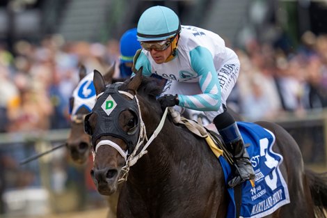 Super Chow and Javier Castellano win the G3 Maryland Sprint Stakes, Pimlico Racetrack, Baltimore, Md. May 18th, 2024, Mathea Kelley