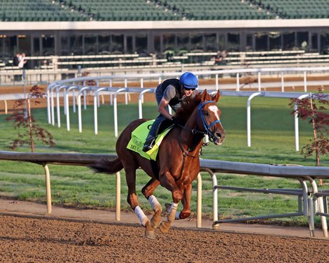 Mugatu with Joe Talamo on the track at Churchill Downs on May 1, 2024. Photo By: Chad B. Harmon