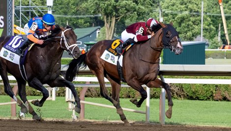 Dornoch with Luis Saez wins the Belmont Stakes (G1) at Saratoga during the Belmont Stakes Festival in Saratoga Springs, NY, on June 8, 2024.