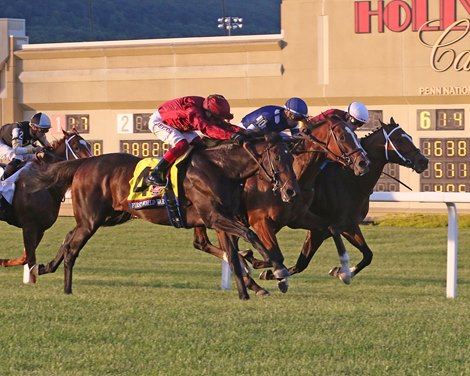 First World War #4 (L) with Frankie Dettori riding wins the $400,000 Penn Mile at Penn National Racecourse on Friday May 31, 2024.