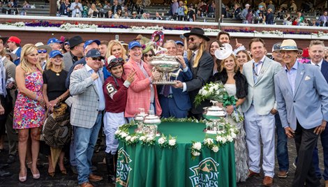 (L-R)  Danny Gargan, Saez, Larry Connolly of West Paces, Raymond Hill of RA Hill Stable, Jayson Werth Dornoch with Luis Saez wins the Belmont Stakes (G1) at Saratoga during the Belmont Stakes Festival in Saratoga Springs, NY, on June 8, 2024.