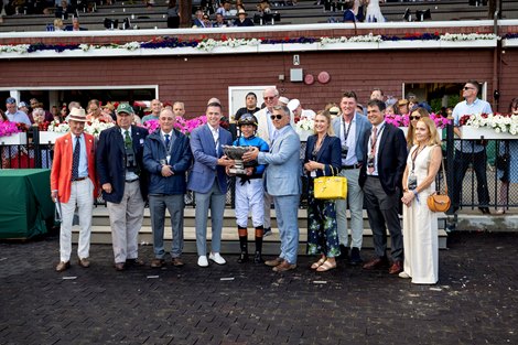 The connections of Didia join jockey Jose Ortiz and owner John Stewart in the winner’s circle after winning the 81st running of The New York presented by Rivers Casino Friday June 7, 2024 at the Saratoga Race Course in Saratoga Springs, N.Y.  Photo by Skip Dickstein