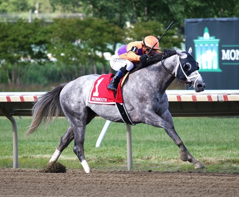 Tuscan Sky #1 with Javier Castellano riding won the $150,000 NYRA Best Pegasus Stakes at Monmouth Park Racetrack in Oceanport, NJ on Saturday June 15, 2024.  Photo By Melissa Torres/EQUI-PHOTO