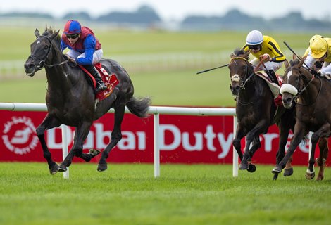 Los Angeles and Ryan Moore winning the Irish Derby.<br>
The Curragh.<br>
Photo: Patrick McCann/Racing Post<br>
29.06.2024