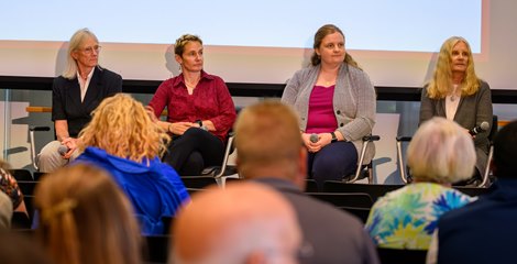 (L-R): Dr. Sue Stover, Dr. Laura Kennedy, Dr. Sian Durward-Akhurst, Dr. Lynn Hovda., in the panel discussion on Sudden Deaths in Racing: Where are we today?.  Welfare and Safety of the Racehorse Summit presented by the Jockey Club and Grayson-Jockey Club Research Foundation at Kroger Field in Lexington, Ky., on June 25, 2024.