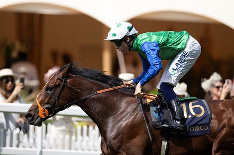 Rashabar ridden by Billy Loughnane winning the Coventry Stakes Gr.2.<br>
Royal Ascot day 1.<br>
Photo: Patrick McCann/Racing Post<br>
17.06.2024