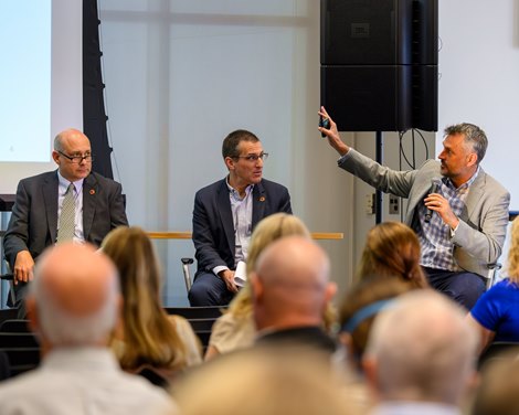 (L-R): Jamie Haydon, Dan Singer and Ben Vonwiller in the Jockey Club Report on Future of the Further Reducing Fatalities. Welfare and Safety of the Racehorse Summit presented by the Jockey Club and Grayson-Jockey Club Research Foundation at Kroger Field in Lexington, Ky., on June 25, 2024.