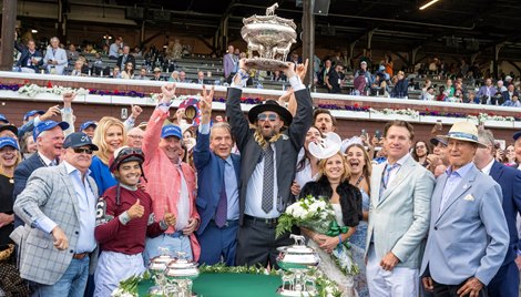 Jayson Werth co owner hoist the trophy Dornoch with Luis Saez wins the Belmont Stakes (G1) at Saratoga during the Belmont Stakes Festival in Saratoga Springs, NY, on June 8, 2024.