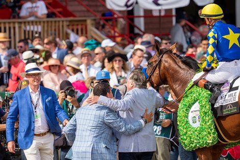 National Treasure and Flaiven Prat win the Met Mile,   Saratoga Racecourse, Saratoga Springs, NY, 6-8-24, Mathea Kelley