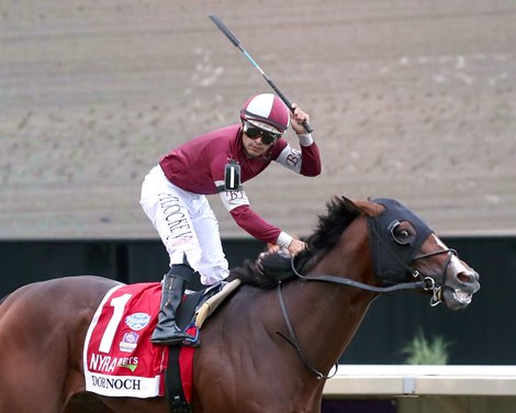 Dornoch #1, ridden by Luis Saez, wins the $1,000,000 Haskell Invitational Stakes (GI) at Monmouth Park in Oceanport, NJ on July 20, 2024. Photo by Nikki Sherman/EQUI-PHOTO.