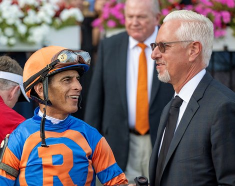 Jockey John Velazquez speaks with trainer Todd Pletcher after winning the 61st running of these Jim Dandy presented by Mohegan Sun -Grade II at the Saratoga Race Course Saturday July, 27, 2024 in Saratoga Springs, N.Y.  Photo  by Skip Dickstein