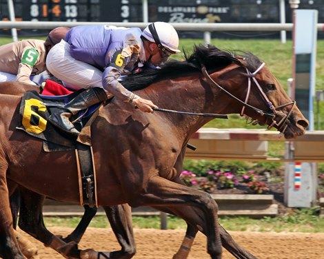 Auto Glide (#6) with Julien Leparoux win the 4th Running of The Battery Park Stakes at Delaware Park on July 7, 2024 over Shaft's Bullet (#1) with J.G. Torrealba. Photo By: Chad B. Harmon