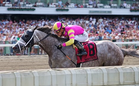 #8 Tapit Trice with Irad Ortiz, Jr. riding won the $400,000 G3 Monmouth Cup at Monmouth Park Racetrack in Oceanport, NJ on Saturday July 20, 2024.  Photo By Ryan Denver/EQUI-PHOTO