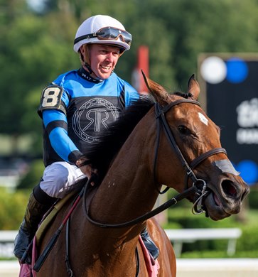 Resolute Racing’s Pounce with jockey Dylan Davis in the saddle won the 29th running of The Lake George.  It was a four win day for Davis at the Saratoga Race Course Saturday July, 20, 2024 in Saratoga Springs, N.Y.  Photo  by Skip Dickstein