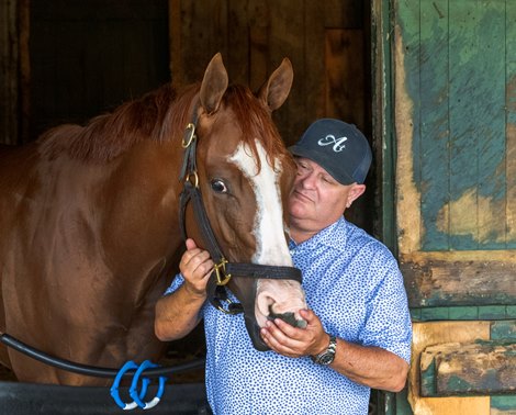Trainer Danny Gargan has a quiet moment with Complexion, who enters the Schuylerville Stakes the day before the 2024 season opener at Saratoga Race Course on Wednesday, July 10, 2024 in Saratoga Springs, NY Photo by Skip Dickstein