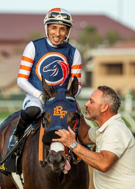 Iscreamuscream and jockey Hector I. Berrios win the Grade II $200,000 San Clemente HandicapSaturday, July 20, 2024 at Del Mar Thoroughbred Club, Del Mar, CA.  LIttle Red Feather&#39;s Billy Koch has a smooch for the winner after the race.<br><br />
Benoit Photo