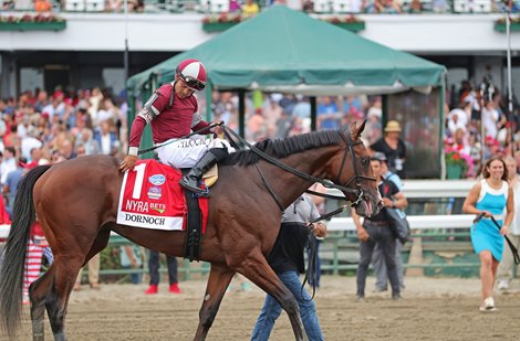 #1 Dornoch with Luis Saez riding won the $1,000,000 Grade I Haskell Stakes at Monmouth Park Racetrack in Oceanport, NJ on Saturday July 20, 2024.  Photo By Ryan Denver/EQUI-PHOTO