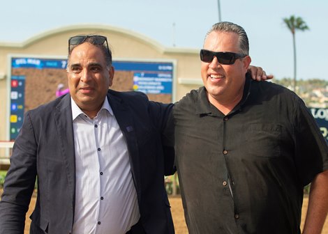 Owner Jeffrey Sengara, left, has a moment with trainer Craig Dollase, right, after Midnight Mammoth&#39;s victory in the G3, $100,000 Cougar II Stakes, Thursday, July 25, 2024 at Del Mar Thoroughbred Club, Del Mar CA.<br><br />
&#169; BENOIT PHOTO