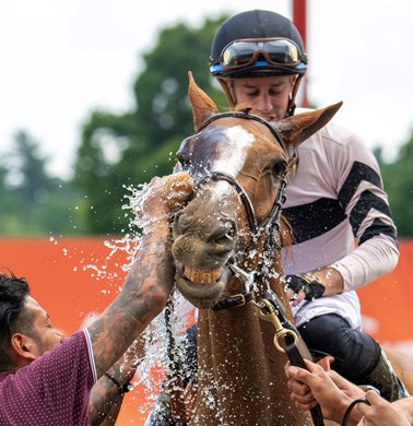 Raging Sea gets a cooling sponge of water after winning the 48th running of The Shuvee Stakes at the Saratoga Race Course Sunday July, 21, 2024 in Saratoga Springs, N.Y.  Photo  by Skip Dickstein