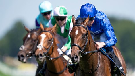 Aomori City (William Buick,blue) wins the Vintage Stakes<br><br />
Goodwood 30.7.24 Pic: Edward Whitaker