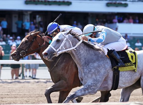 Book'em Danno (L) #3 with Samuel Marin riding catches Little Ni #6 and Jairo Rendon at the finish line to win the $100,000 Jersey Shore Stakes at Monmouth Park Racetrack in Oceanport, NJ on Friday, July 19, 2024. Photo by Bill Denver/EQUI-PHOTO